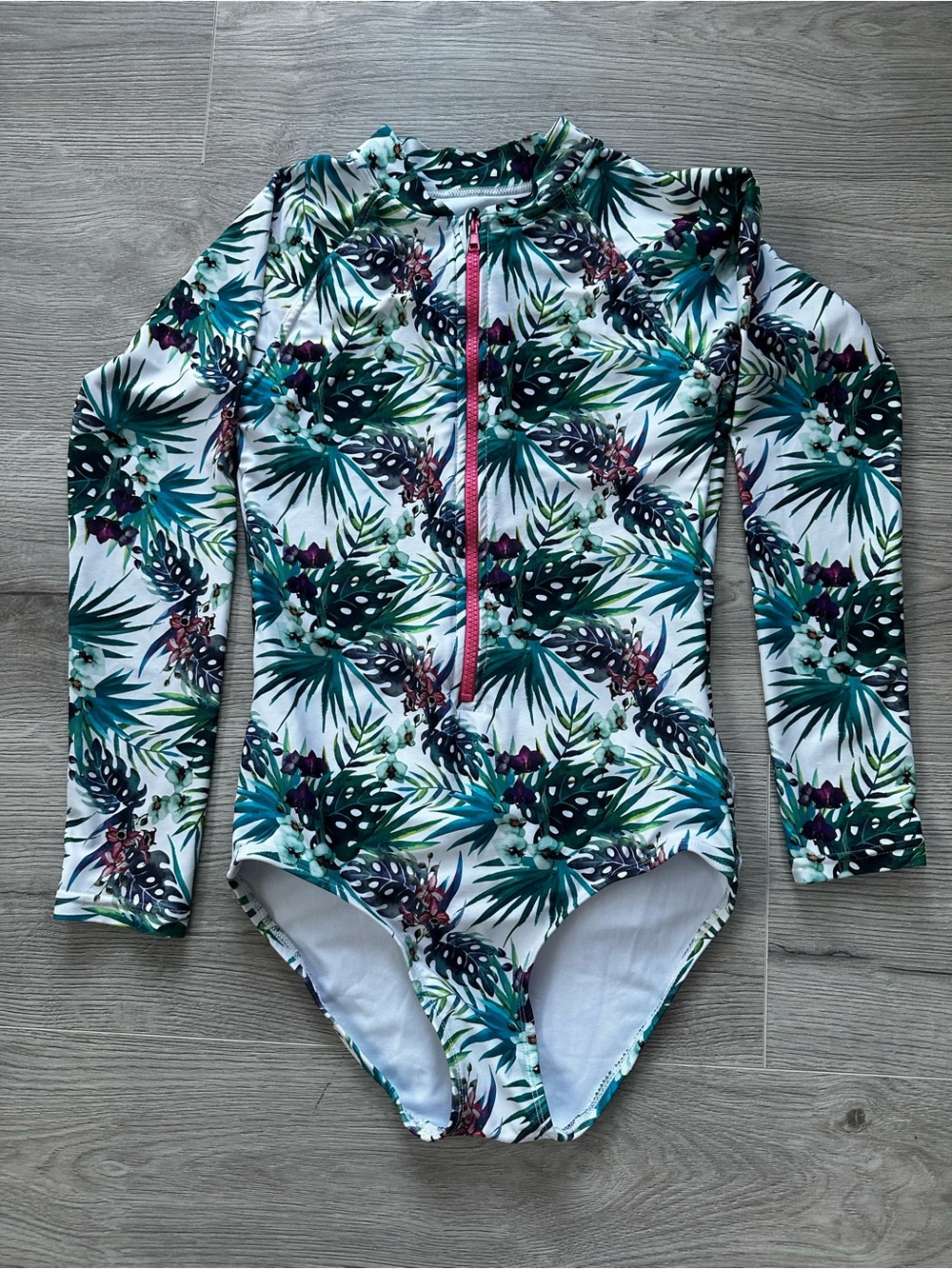 Tame the Sun Girls Tropical Ruffle Back Rashguard Bathing Suit Size 12 UPF 50+